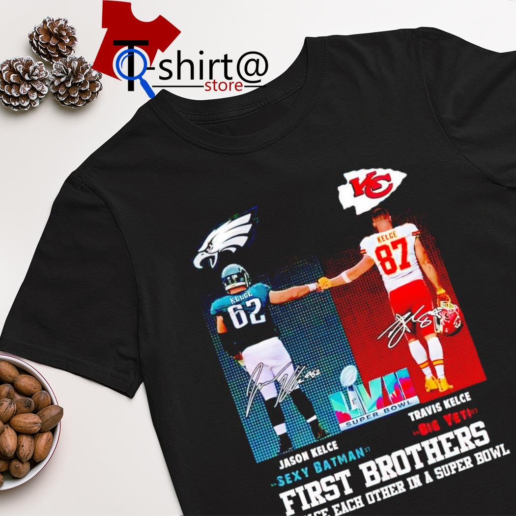 Jason Kelce Sexy Batman vs Travis Kelce Big Yeti first brothers to face each other in a super bowl signatures shirt